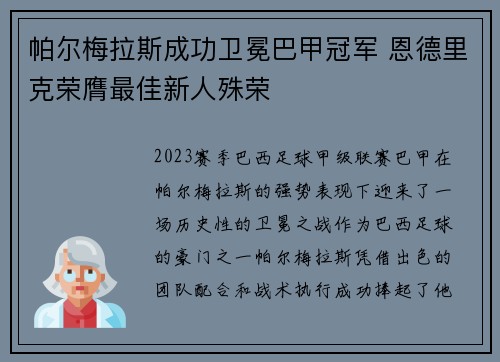 帕尔梅拉斯成功卫冕巴甲冠军 恩德里克荣膺最佳新人殊荣 帕尔梅拉斯成功卫冕巴甲冠军 恩德里克荣膺最佳新人殊荣